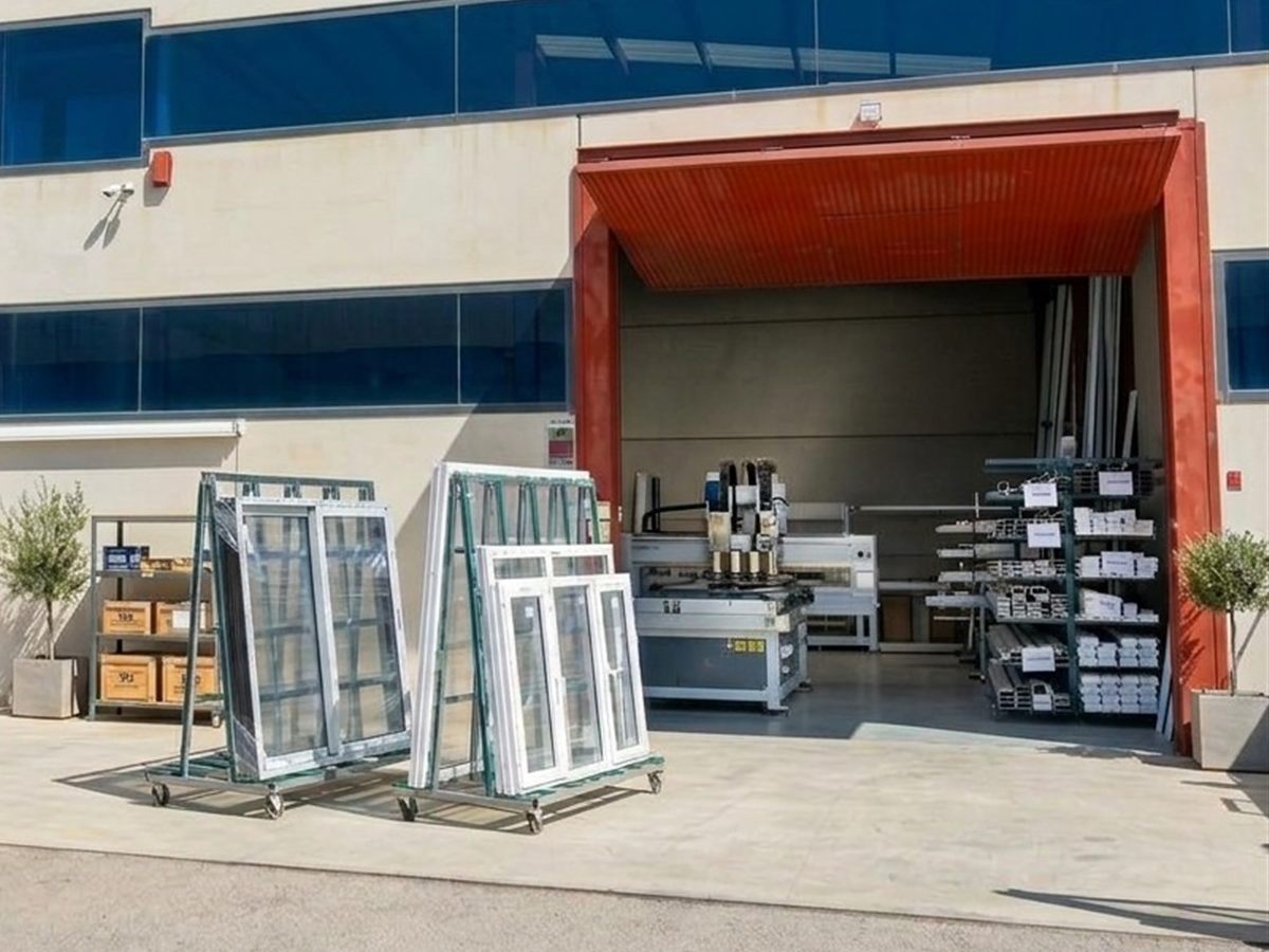 Werkstatt von SmartVentanas im Gewerbegebiet Las Moras, San Fulgencio: fertige Fenster und Zuschnittmaschine